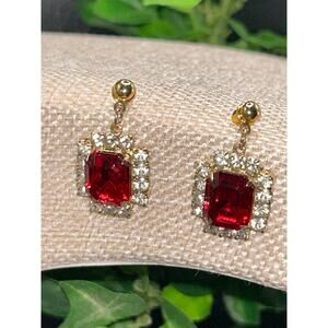Red Vintage Rectangular Rhinestone Stud Clear Halo Earrings Sparkle